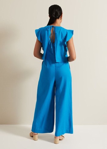 Phase Eight Petite Aubrey Blue Linen Frill Jumpsuit Blue USA | 7930416-HQ